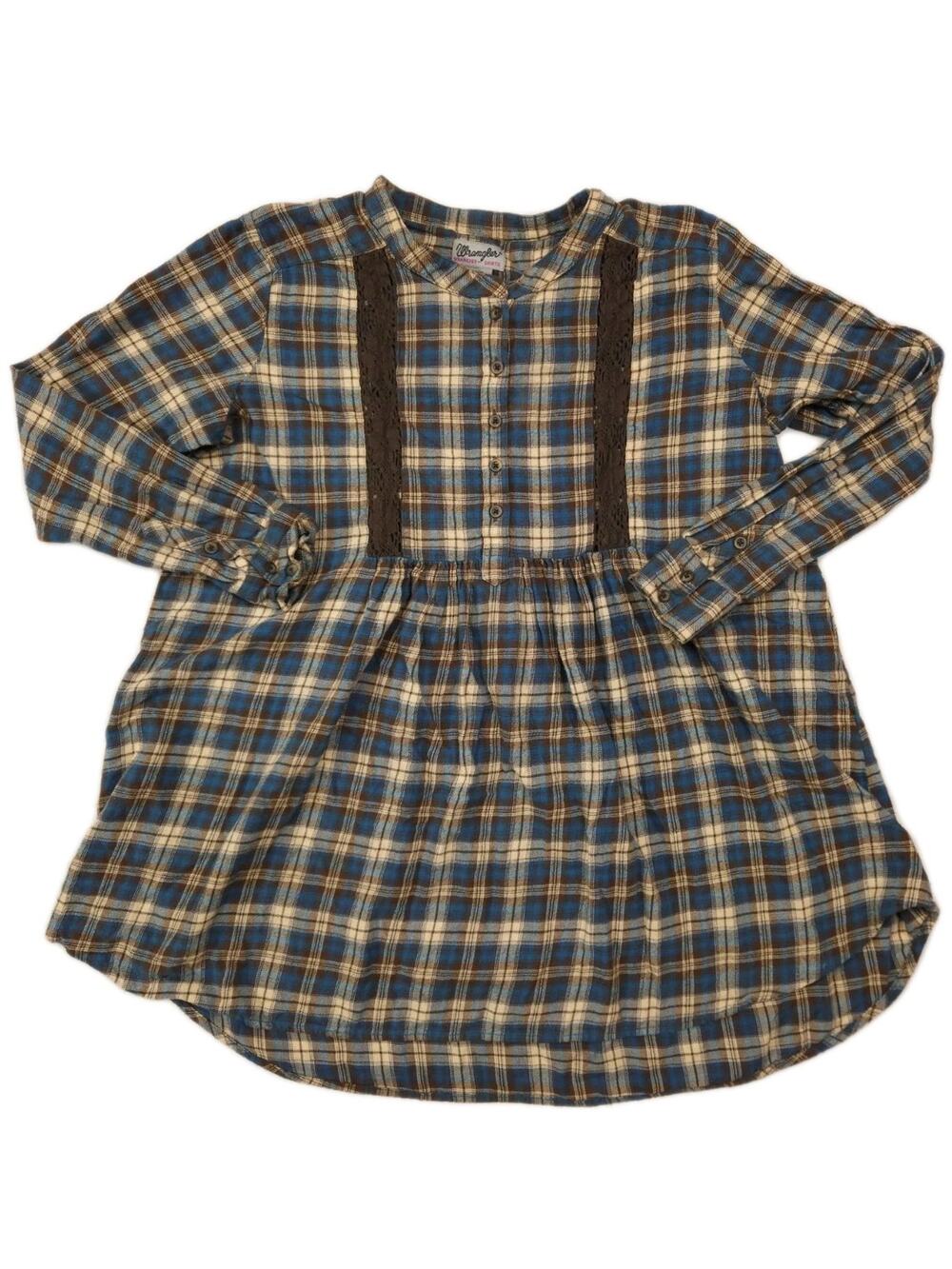 Wrangler Wrancher Tunic Top Women XL Plaid Boho Peasant Flannel Long Sleeve